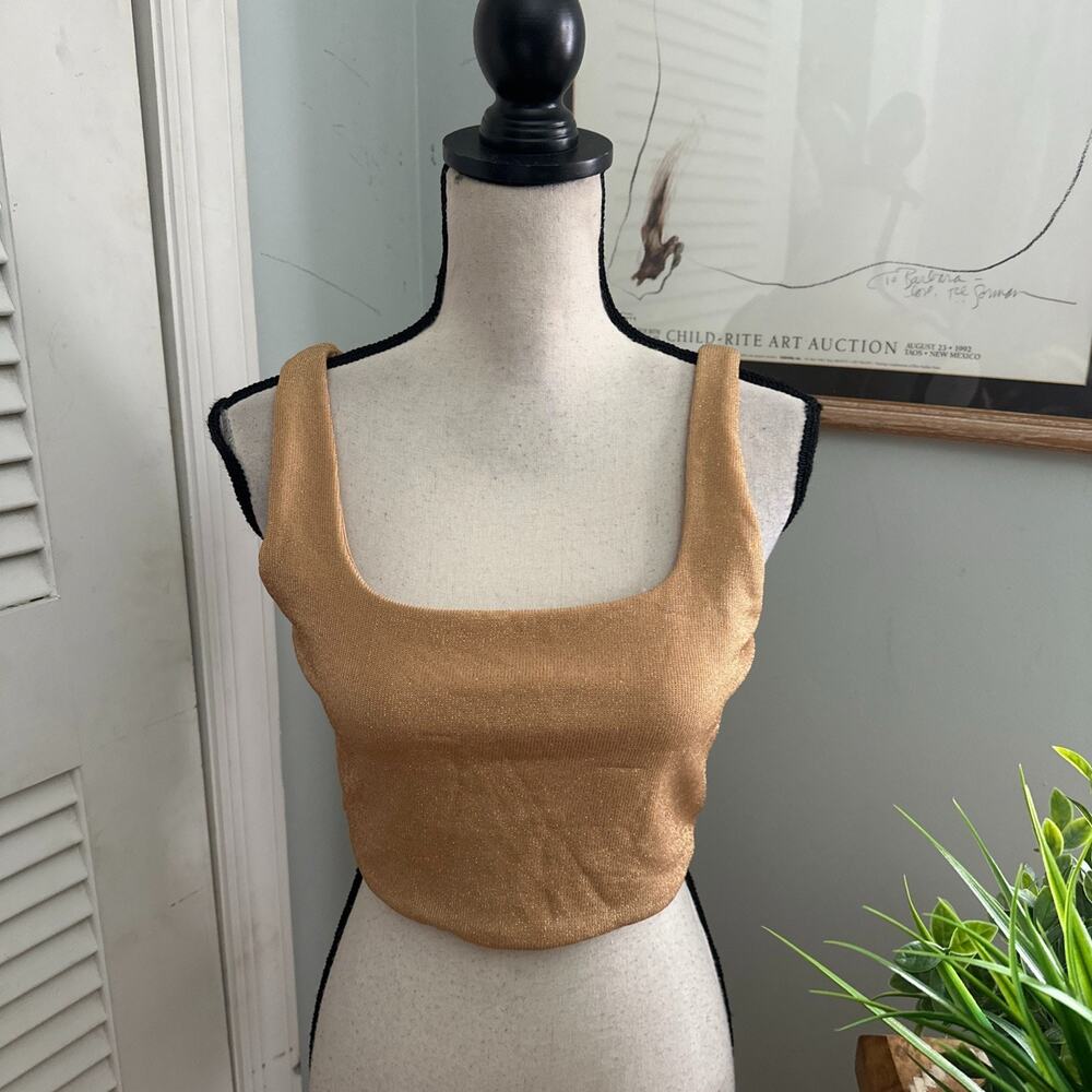 Babaton Crop Top Womens Large Gold Metallic Sculpt Knit Coquette Glam Club Rave